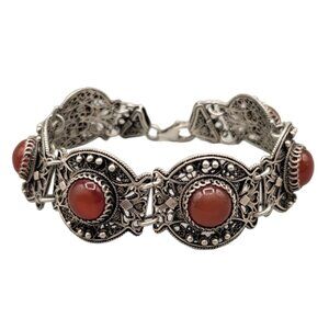 Carnelian Cabochon Sterling Silver Panel Bracelet 925 Lobster Clasp Boho 36 Gram